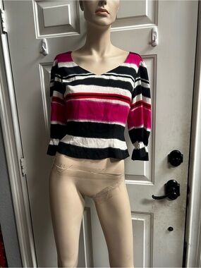 Vintage Brioche Striped V-Neck CROP blouse Pink, Black & White Sz M-Sample sale